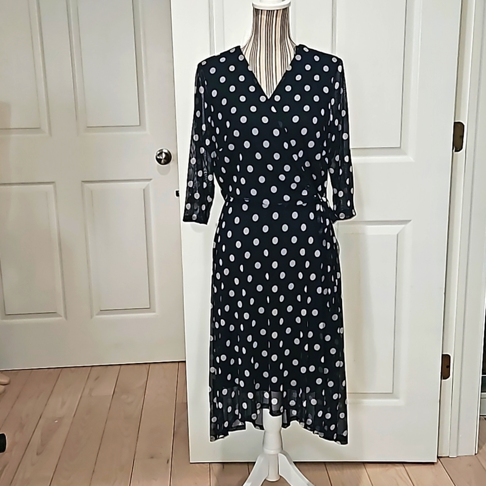 KATE & LILY Wrap around Blue Navy Coral Pink Polka Dot Fit&Flare Women dress 12P